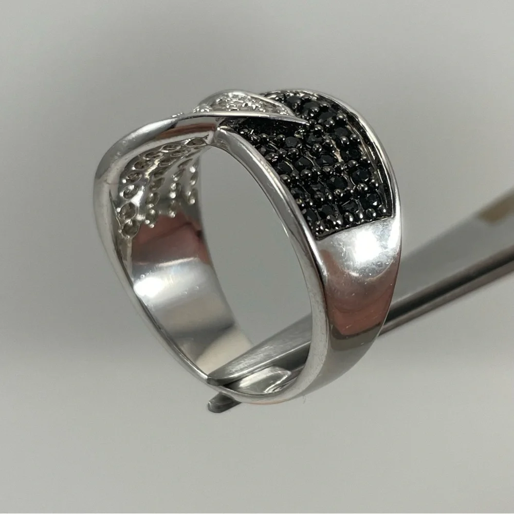 Ring Black White Diamond CZ Silver Plated Wide Ring Band Classic Timeless